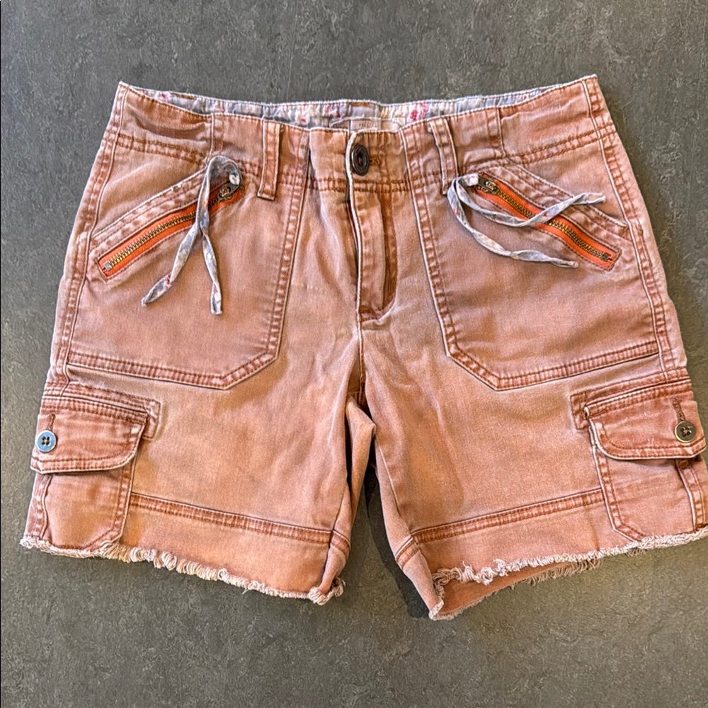 Free People Cargo Shorts in Pink and Orange with Distressed Hem